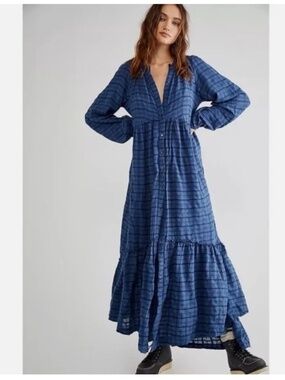 Free People Edie Dress Tiered Maxi in Blue Size XS